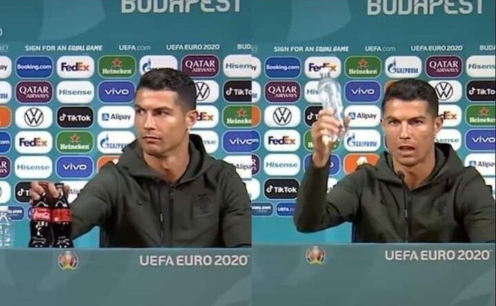 Ünlü Futbolcu Ronaldo basın toplantısında gazlı içecek şişelerini masadan kaldırdı