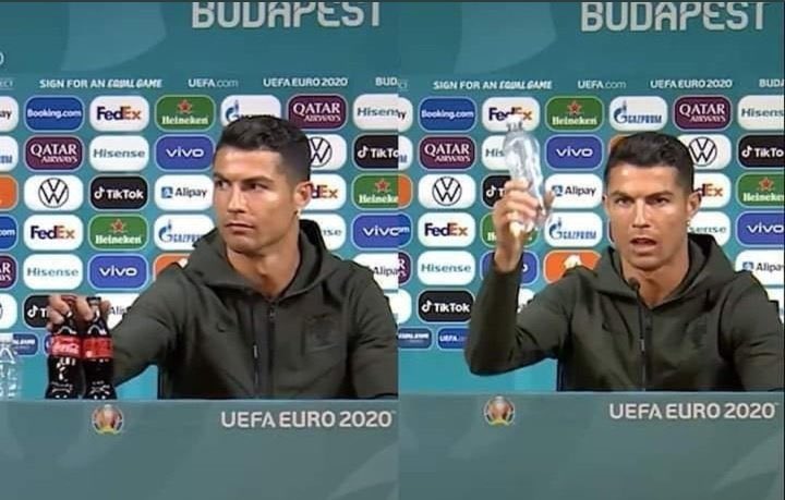 Ünlü Futbolcu Ronaldo basın toplantısında gazlı içecek şişelerini masadan kaldırdı