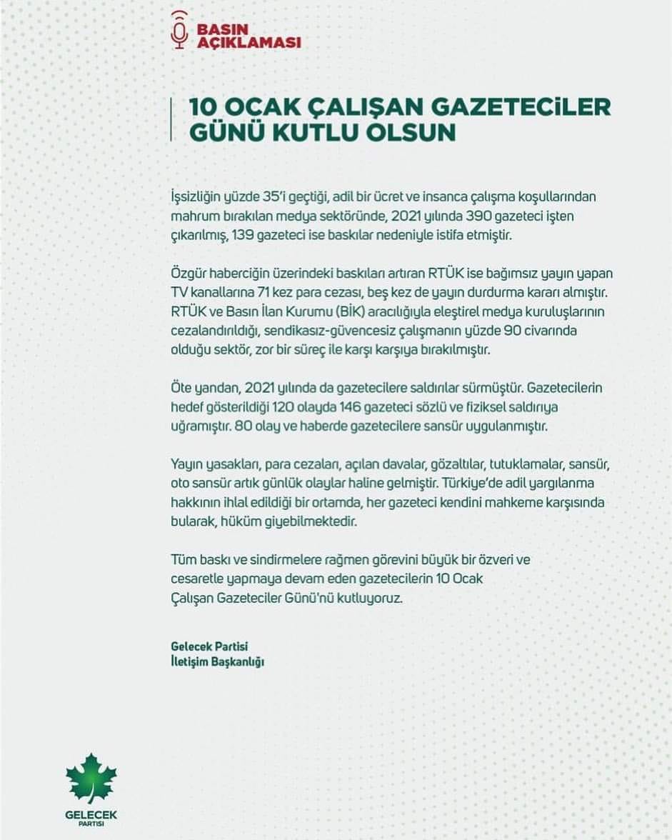 Gelecek Partisi’ nden Çalışan Gazeteciler Günü Kutlaması