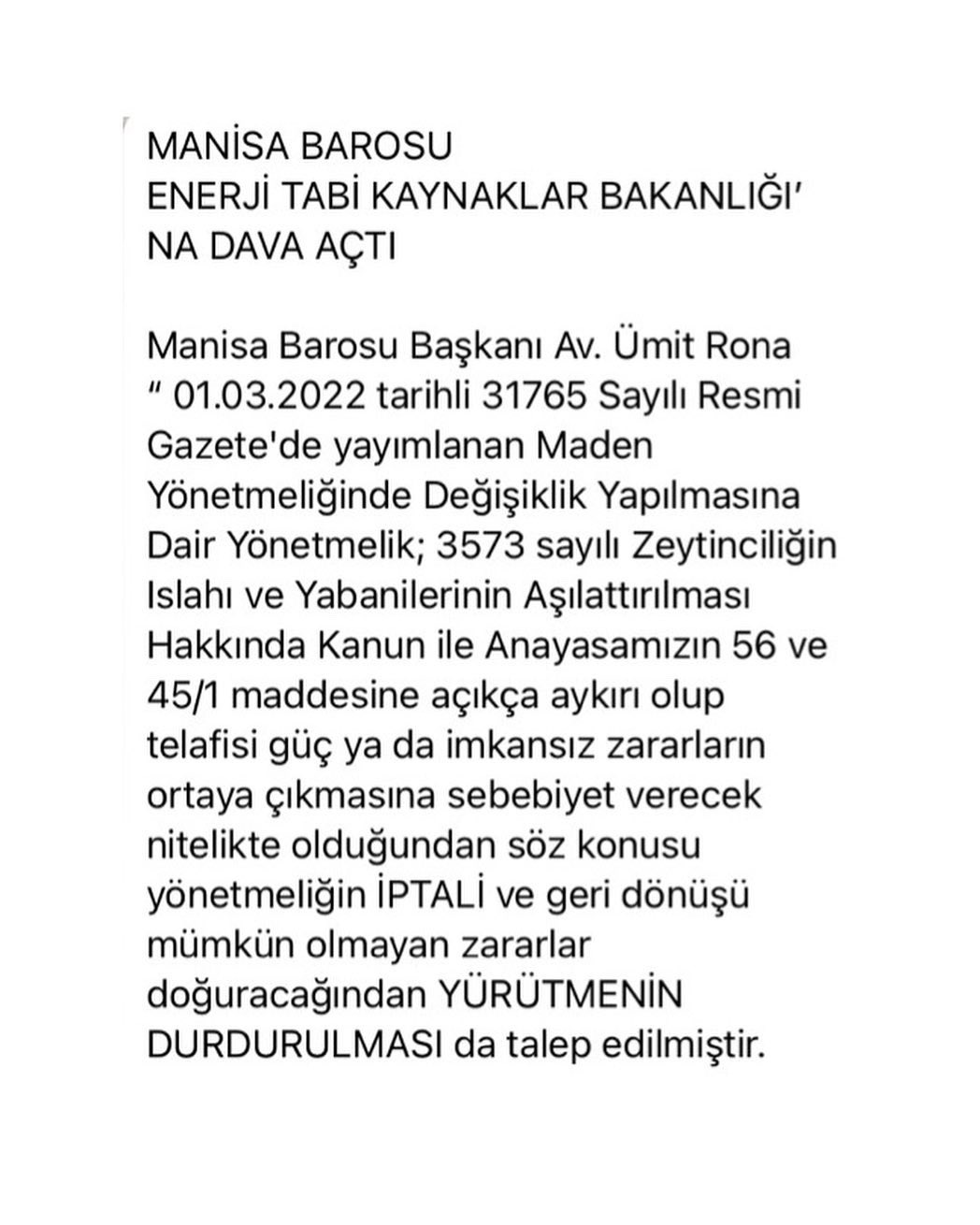 Manisa Barosu’ ndan Zeytin Alanları Hassasiyeti